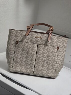 Michael Kors Cream Logo Tote with Tan Trim